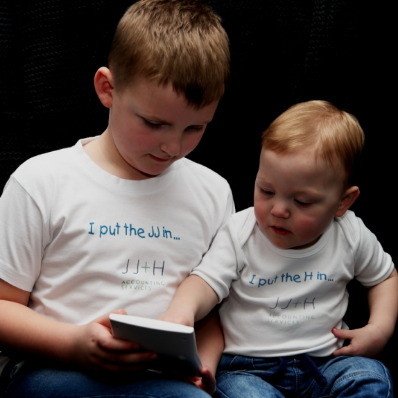 JJ and Harry in their JJ+H tshirts - Naming Copywriter